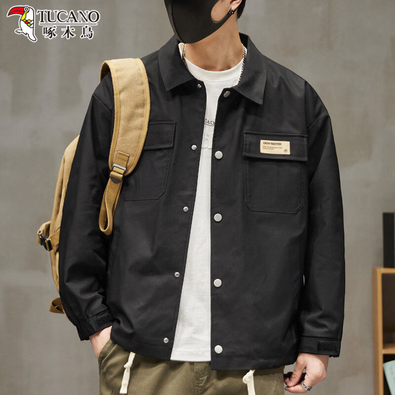 啄木鸟工装外套男士2025新款秋季宽松百搭夹克休闲复古男款上衣服 黑色 【官方正品】 S 建议【80斤-100斤】