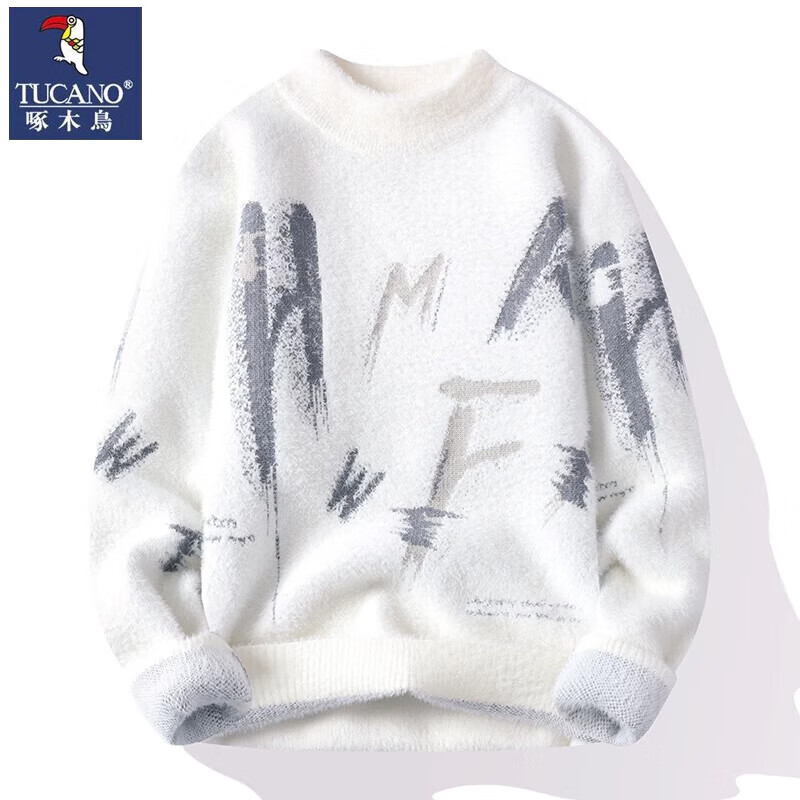啄木鸟毛衣男秋冬季新款仿水貂绒针织打底衫男加绒加厚上衣保暖线衣服男 白色 M (建议90-110斤)