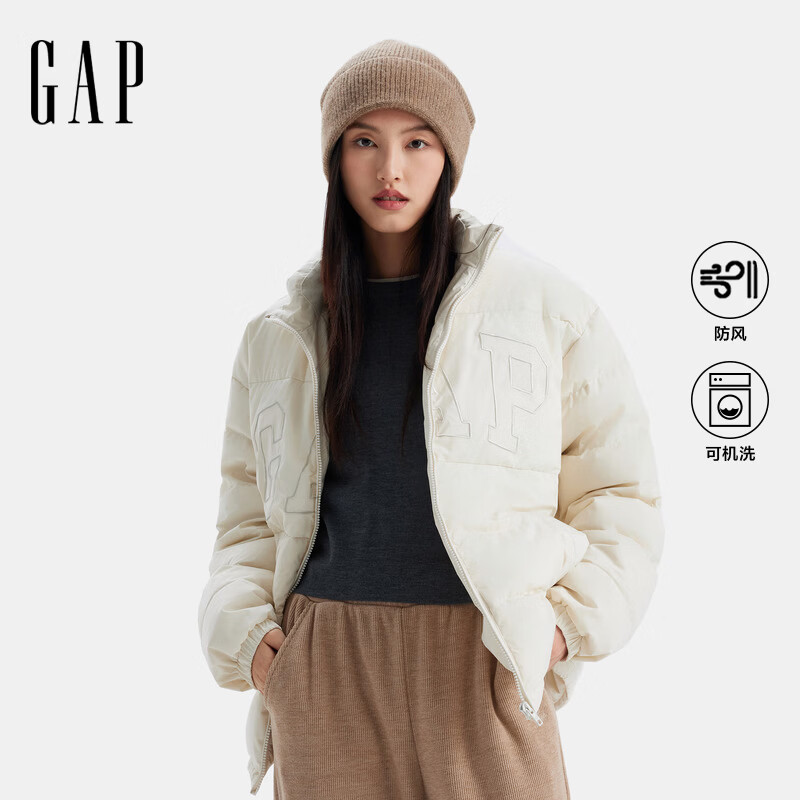 盖璞（GAP）男女装刺绣logo小立领防风羽绒服纯色外套 象牙白 M (170/92A) 亚洲尺码