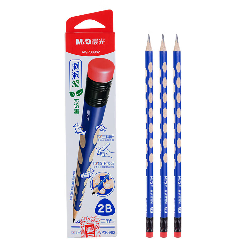 晨光（M&amp;G） 小学生练字铅笔 儿童正姿矫姿 三角木杆铅笔 红点洞洞笔2B三角铅笔带橡皮头 AWP30982 12支装