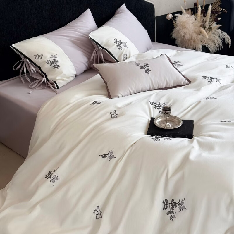 ROLAND LIVE长绒棉透气刺绣四件套亲肤裸睡被套床单1.8m床全棉四季床上用品 LB 长绒棉套件- 一隅花町 1.8米床 床单款 【被套200*230cm】