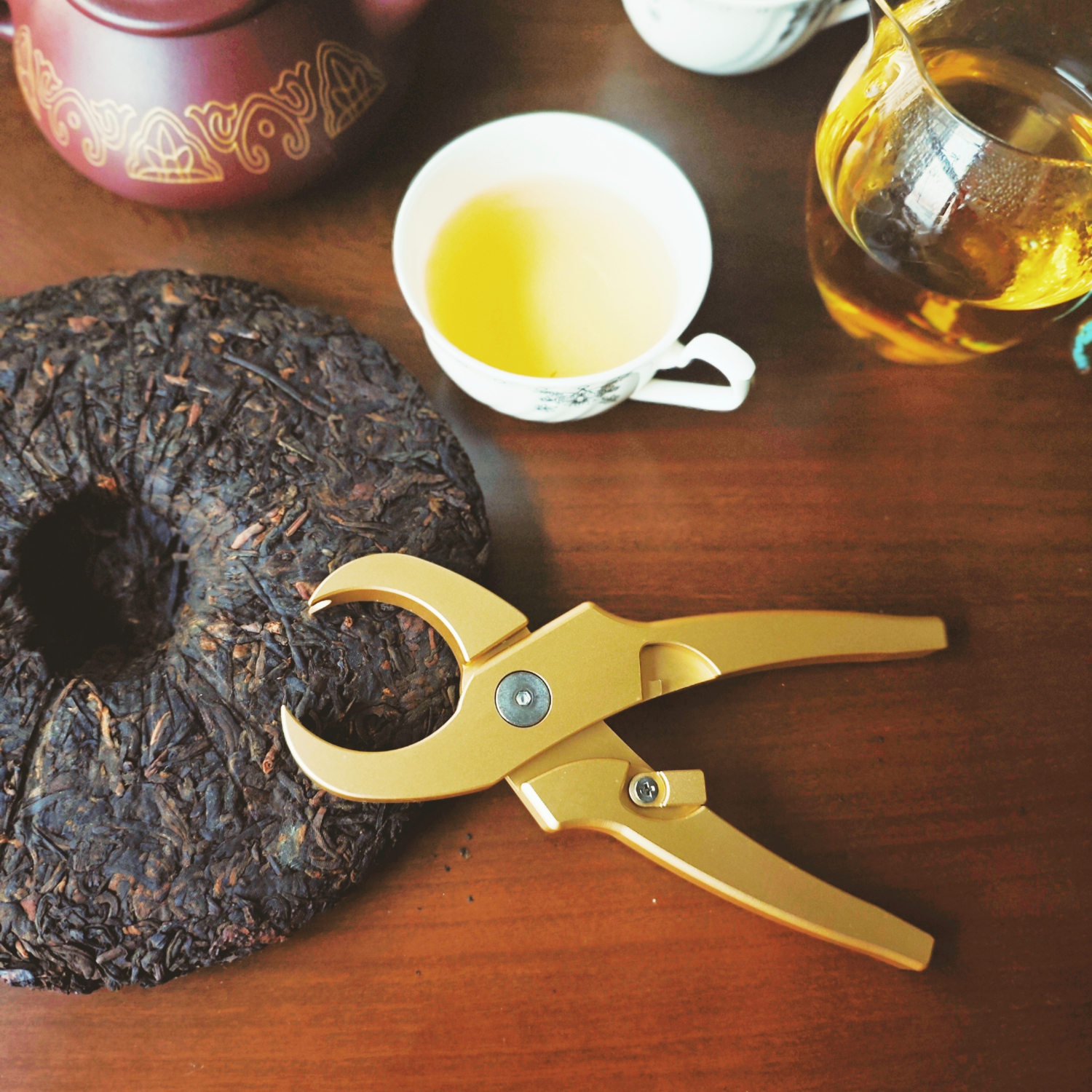 茶钳铝合金功夫茶具开茶钳子普洱茶开茶饼茶砖开口器自动回弹撬茶 新款金黄色茶钳【礼盒装】 金黄色