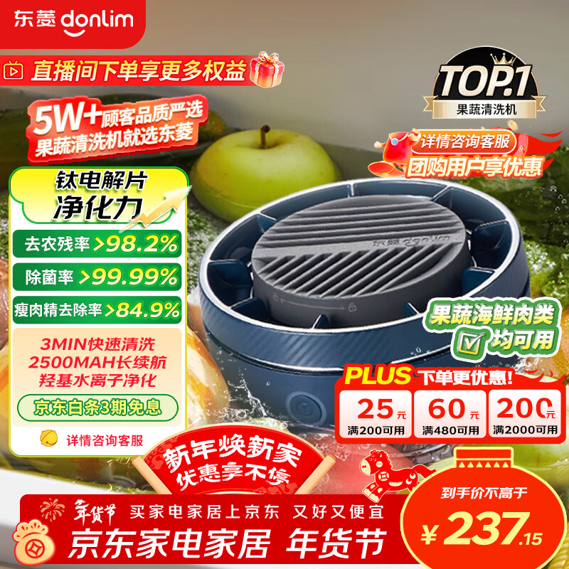 东菱（Donlim）转转果蔬清洗机食材净化机 洗菜机果蔬净化机 除菌去除农残 无线便携新年礼物DL-1326静谧蓝