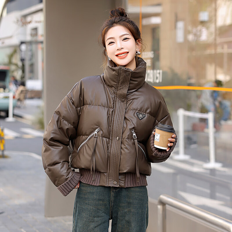 羽绒服女短款立领加厚面包服90鸭绒羽绒衣服宽松休闲百搭保暖外套 咖色 XL