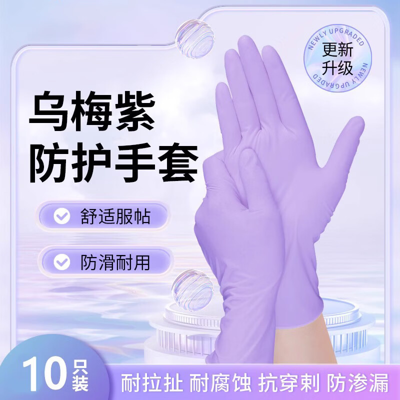 一次性丁腈手套食品级耐用型家务橡胶乳胶厨房清洁洗碗防水专用 乌梅紫防护手套 5双 S