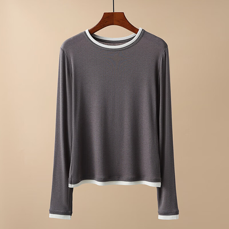 醋酸羊毛假两件长袖t恤女款打底衫春秋新品小众柔软撞色简约上衣 深灰色 M （95-110）