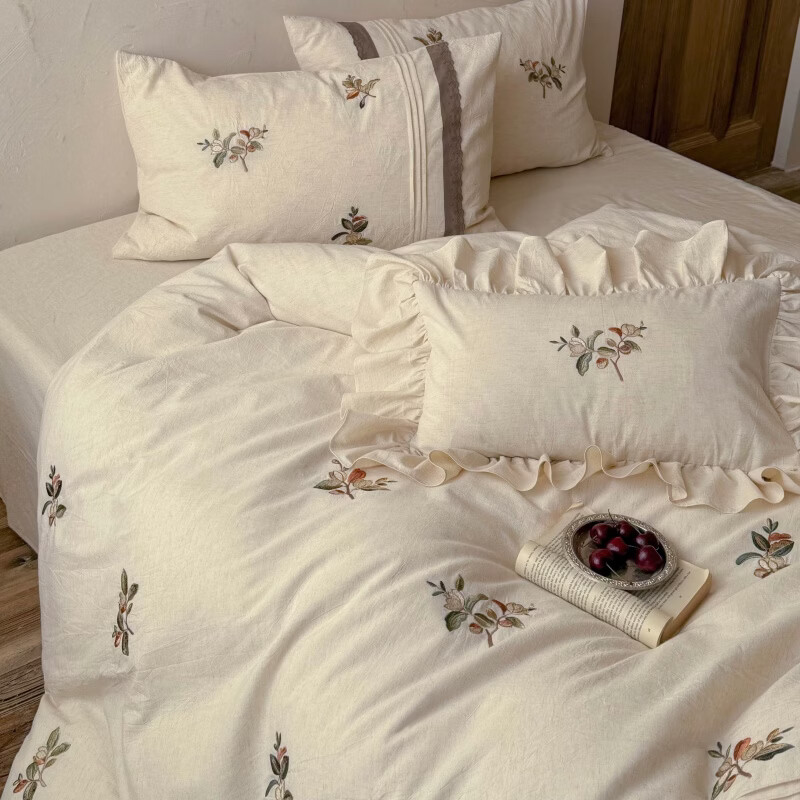 ROLAND LIVE法式复古风色织棉麻刺绣四件套透气被套床单新款简约床上用品套件 LB 棉麻刺绣套件-秋桉花信 1.2米床 床单款 【被套150*200cm】