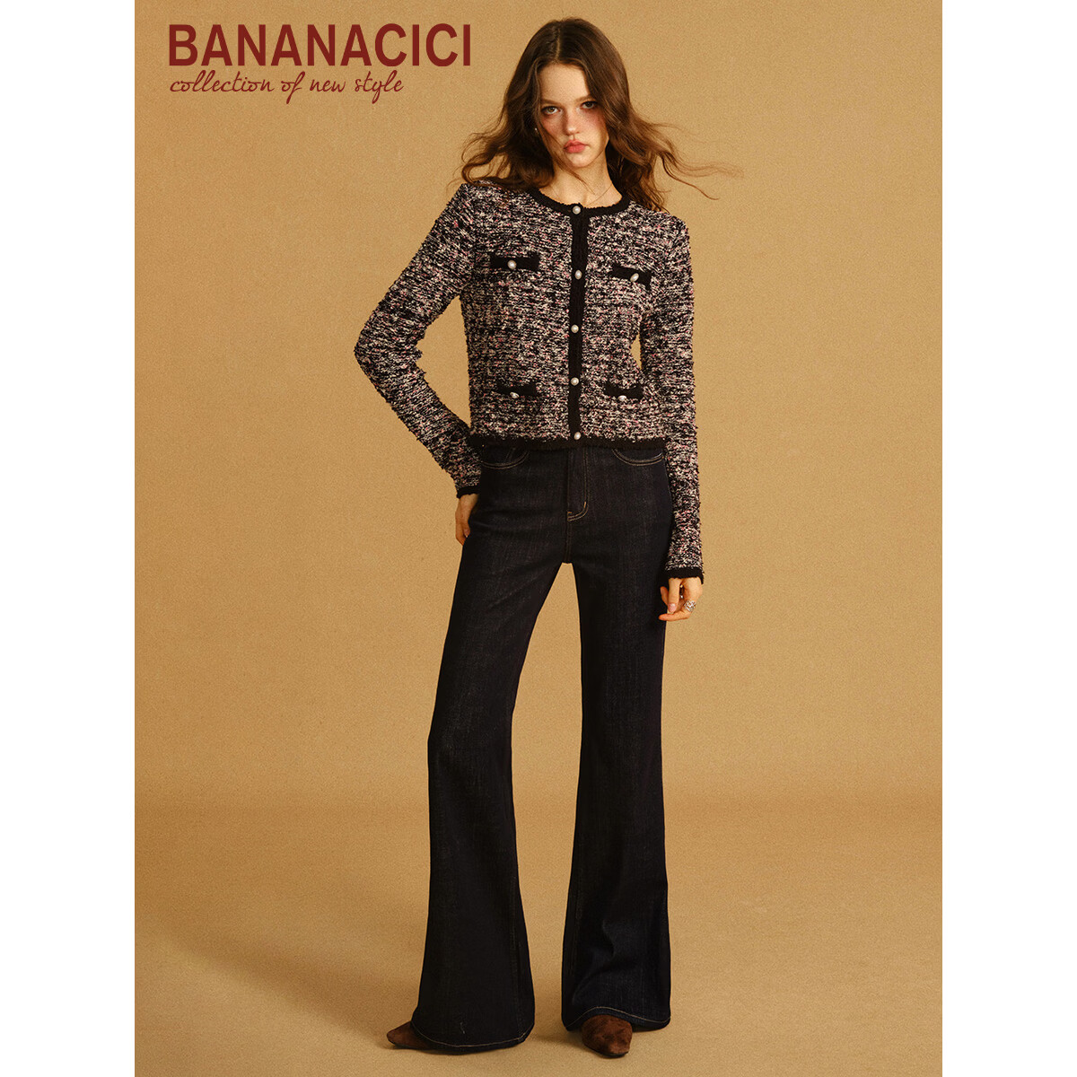 banana cici2026年春季新款小香风短款粗花呢圆领针织开衫外套C2S1MY539 黑色 L