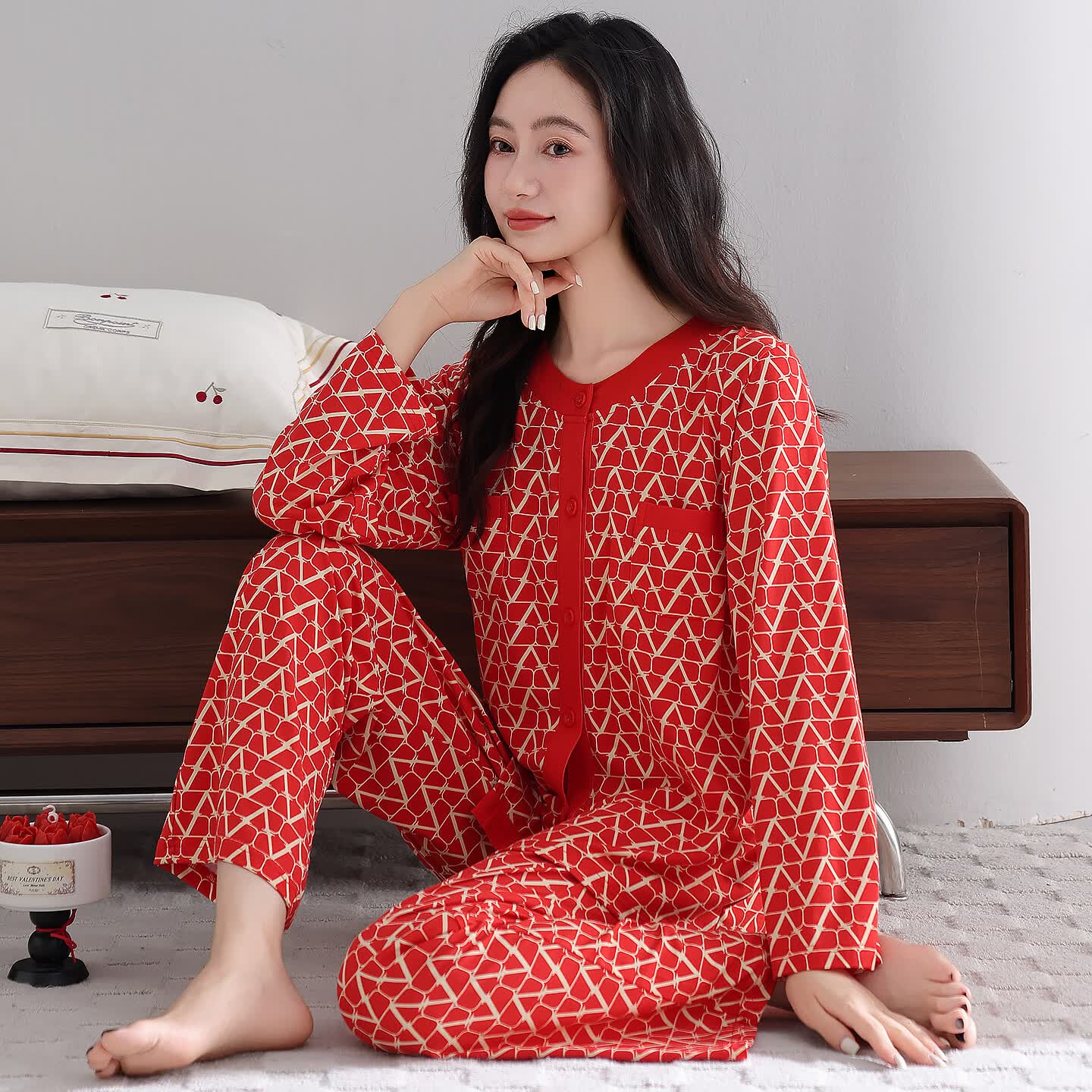 莫代尔睡衣女士春秋季新款柔软亲肤长袖长裤宽松大码薄款开衫家居服套装 M5602 L 90-110斤