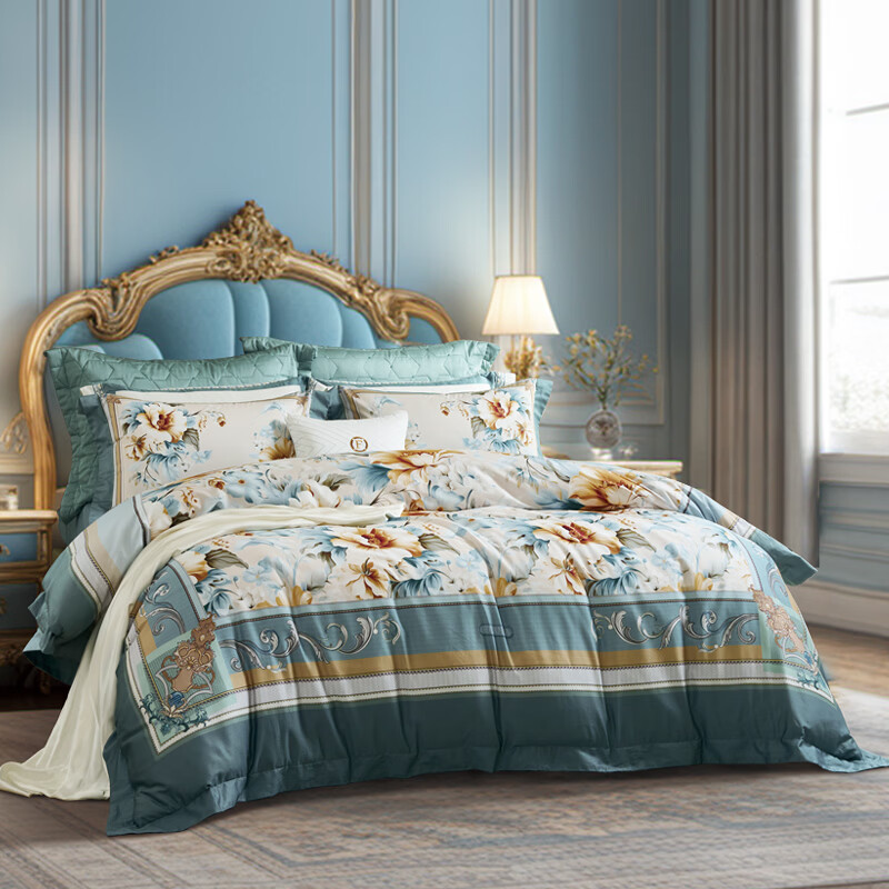 富安娜家纺四件套纯棉床单被套100%棉双人四件套 闲庭花事 1.8米床 床单款 （被套230*229cm） 