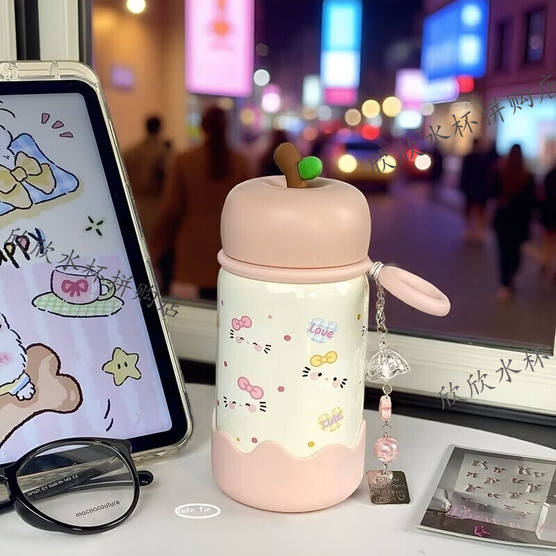 kt猫苹果保温杯 高颜值316不锈钢可爱卡通水杯女生小巧学生便携女 kt猫保温杯+【杯垫+吊坠】 300ml【彩盒包装】