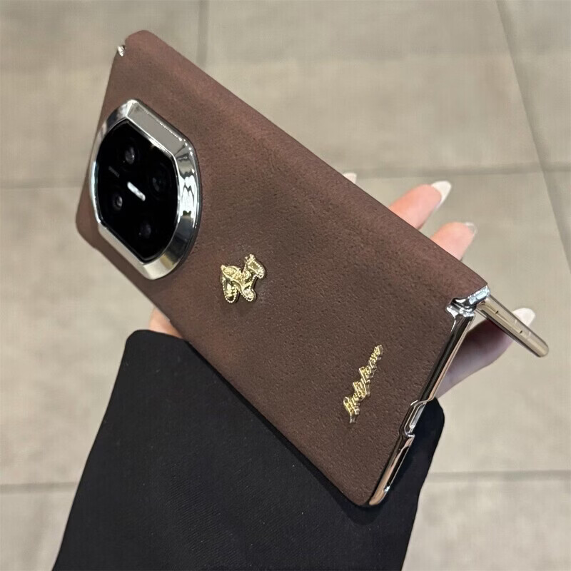 适用华为matex7手机壳超薄女士秋冬棕色X6典藏版电镀防摔保护套matex5折叠屏马年新款带挂绳X3外壳 单边中轴-棕色-立体金马 OPPO Find N5