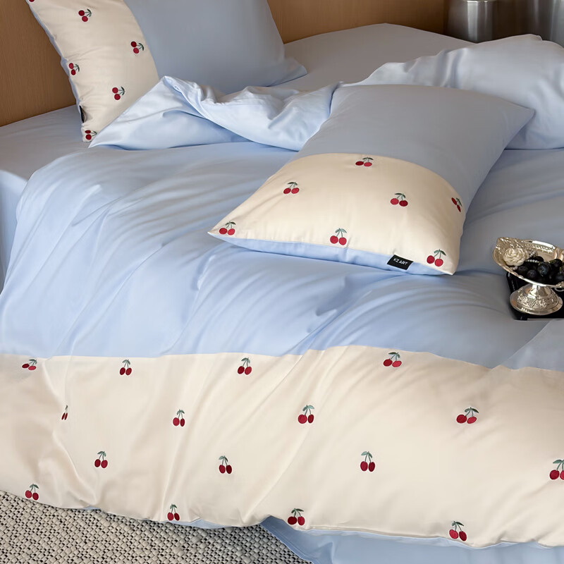 ROLAND LIVE长绒棉文艺四件套小清新樱桃刺绣被套床单全棉柔软卧室1.8m床套件 KZ 长绒棉四件套-樱桃派对蓝 1.5米床 床单款 【被套200*230cm】