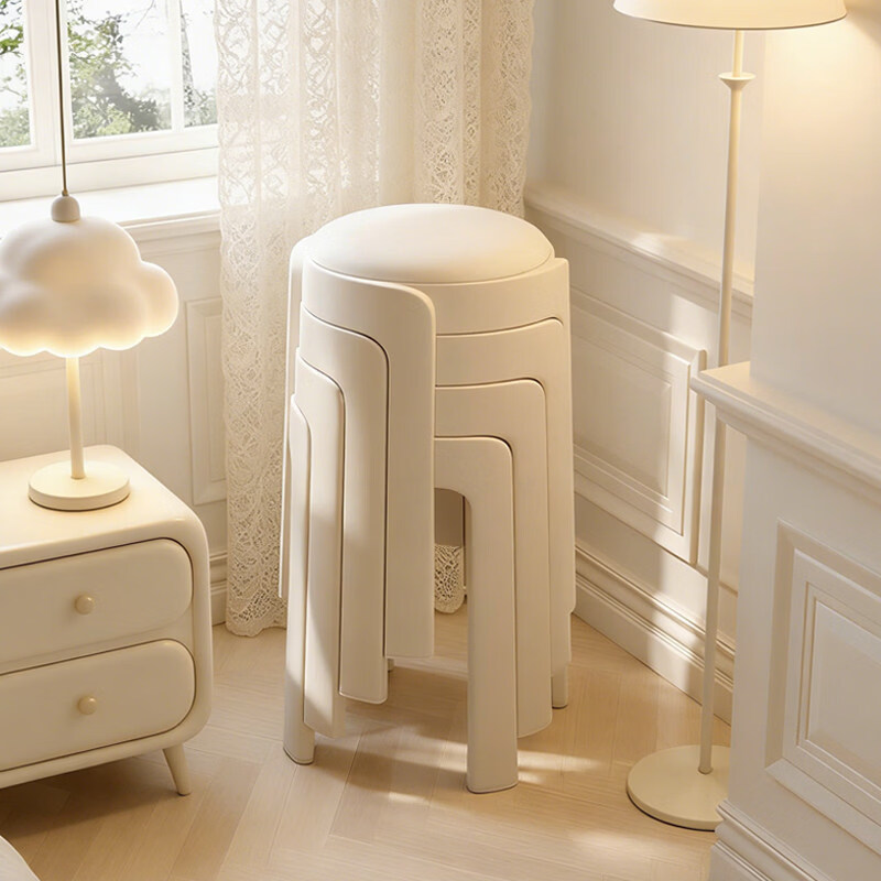 诗元奶油风加厚塑料凳子家用结实耐用可叠放坐凳待客备用旋风软包圆凳 【升级软包垫】优雅黑【久坐不累 单把1.5KG】