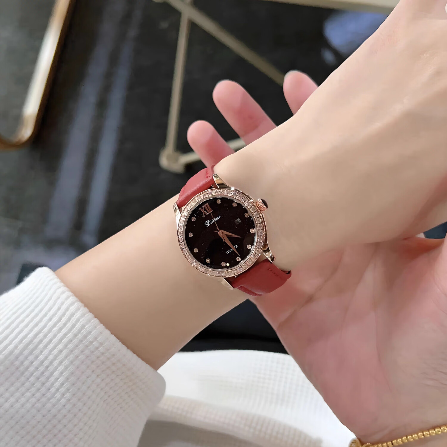 DIMINI女士高端奢华镶钻手表正品时尚机械风星空腕表小众防水石英表礼盒 酒红皮玫面（满钻款）礼盒装