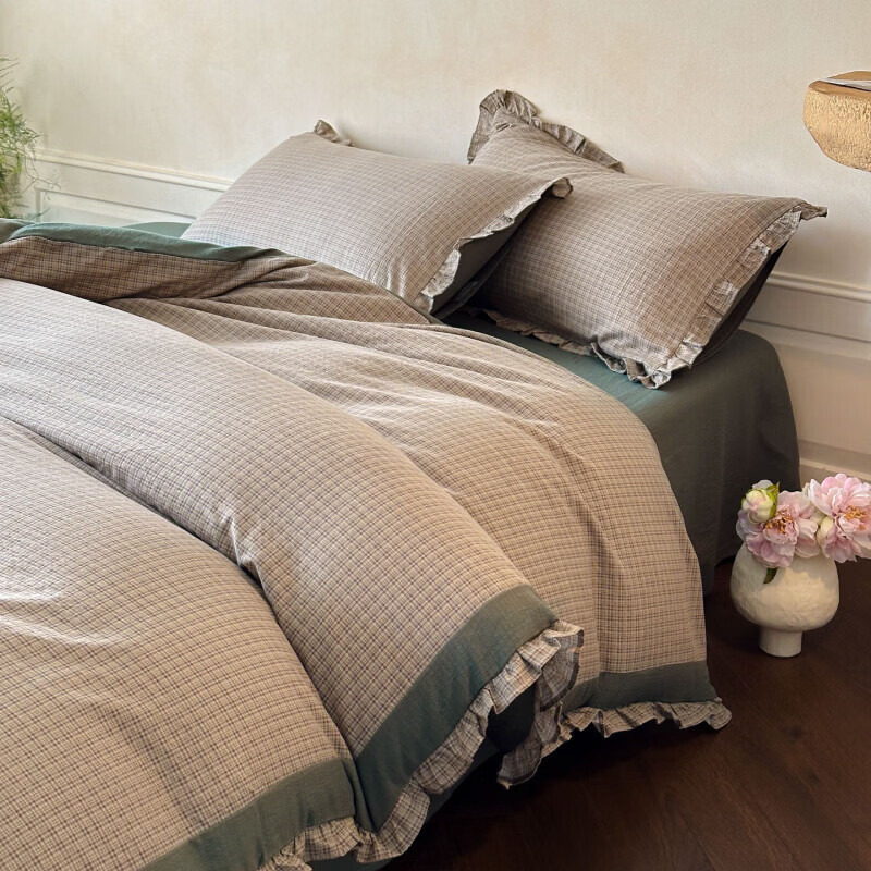 水星家纺床上四件套纯棉床单被套印花边亲肤棉裸睡四季床上用品 往事-深灰色 床单款 2.0m四件套