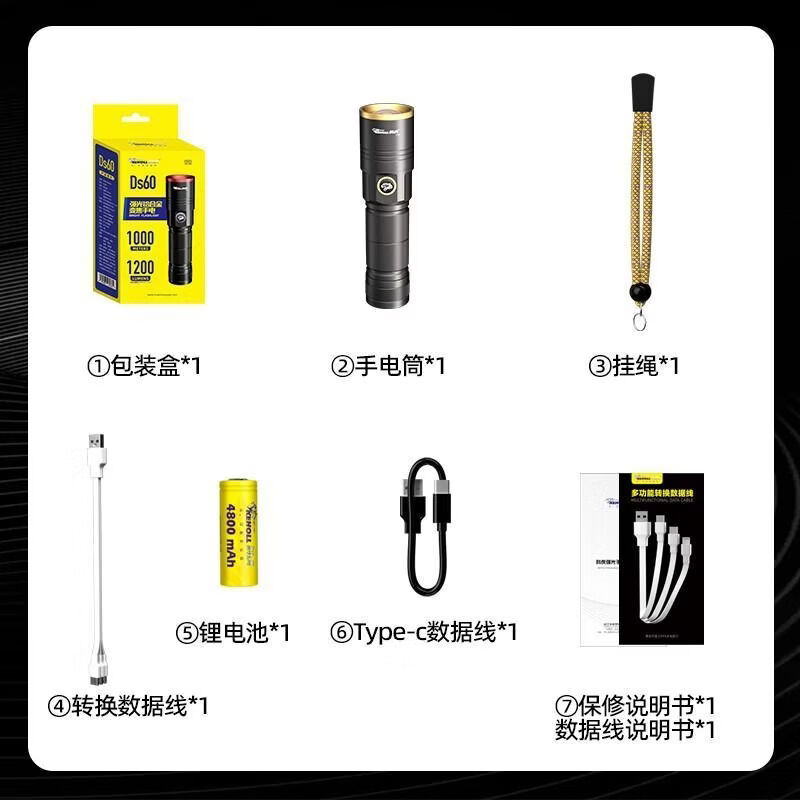 科虎DS60超亮手电筒强光远射可充电便携式户外家用伸缩变焦长续航 DS60灰金【锂电池*1】