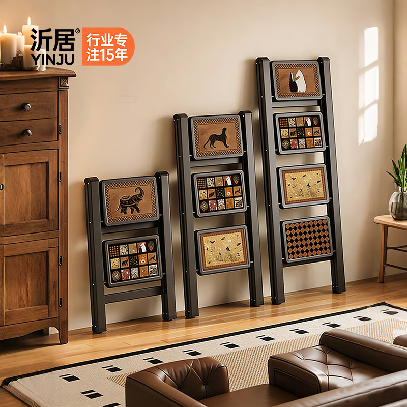 沂居家用折叠中古风梯子复古小梯子室内便携人字梯防滑加厚 复古氛围黑色二步梯【微喷印花耐磨不褪色】登高装饰 京东折扣/优惠券