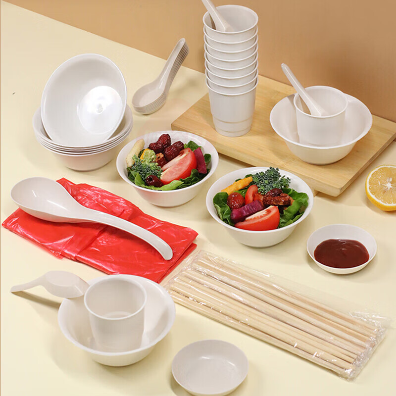 洋臣稻壳一次性餐具碗筷套装可降解食品级家用饭碗野餐酒席结婚七件套 【稻壳餐具7件套装共十份】共1套
