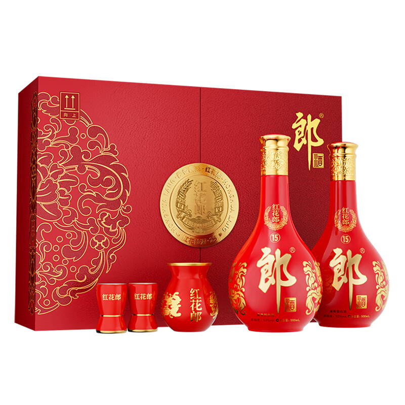 郎酒红花郎15 酱香型白酒 53度 500mL*2瓶 礼盒装 送礼礼物