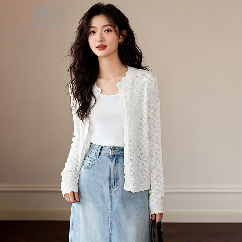 晚白【专享】2026春款经典圆领大码开衫时尚镂空提花舒适针织衫女 米白色 L