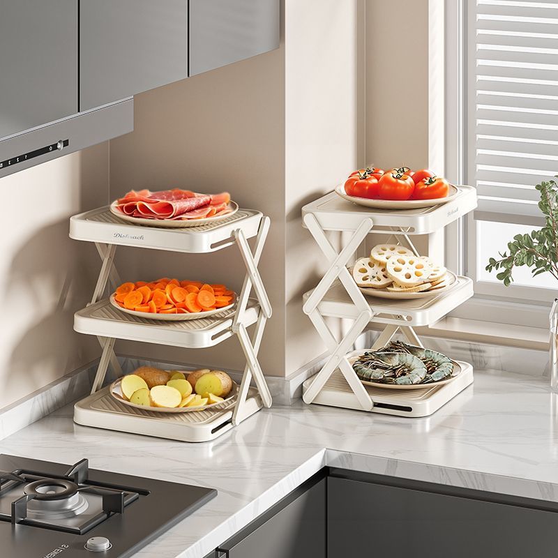 咏幻可折叠火锅食材架子厨房备菜置物架多功能收纳神器多层台面配菜盘 [奶白]三层+3个装 折叠空间备菜架/释放空间/折叠菜架