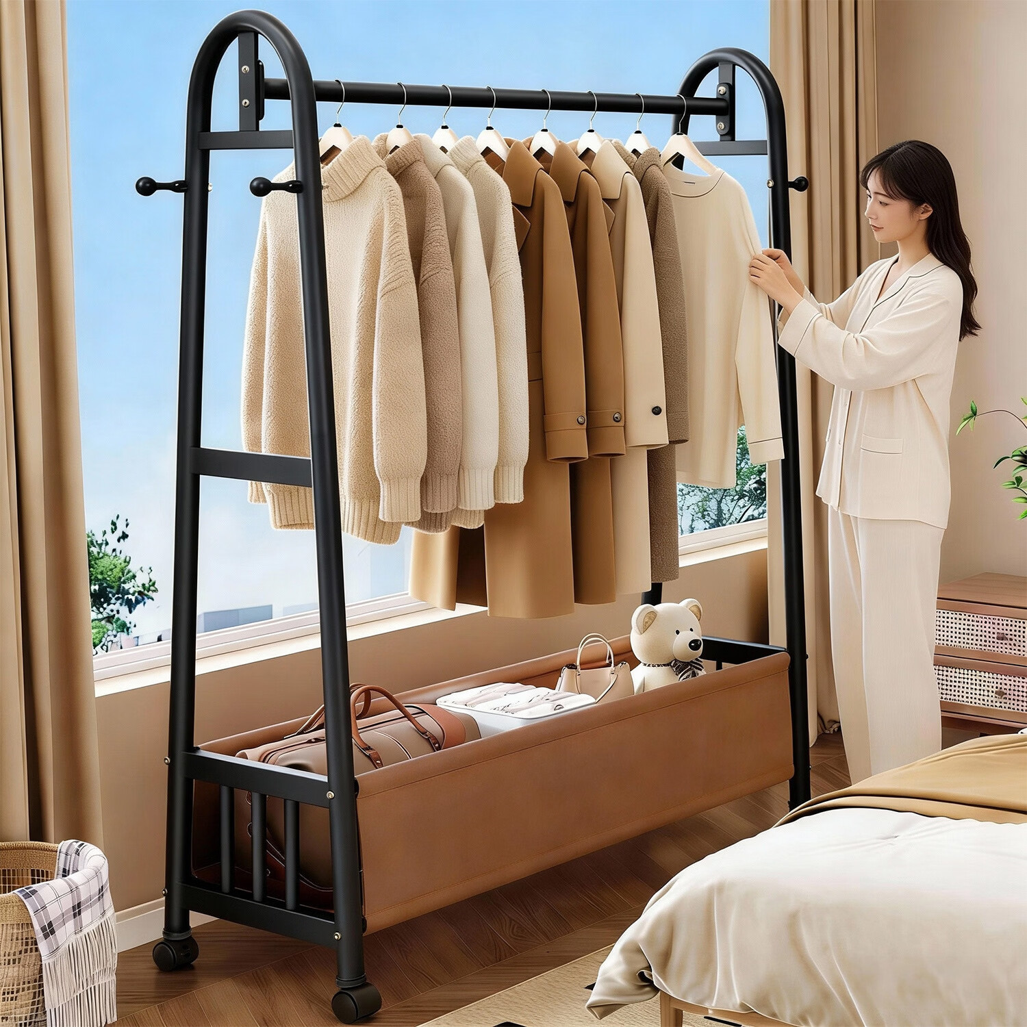吱凡日本卧室落地晾衣架家用可移动挂衣架房间衣物收纳架子简易衣帽架 长1.2米*高1.66米【高端纳帕皮革】玄曜黑丨可移动