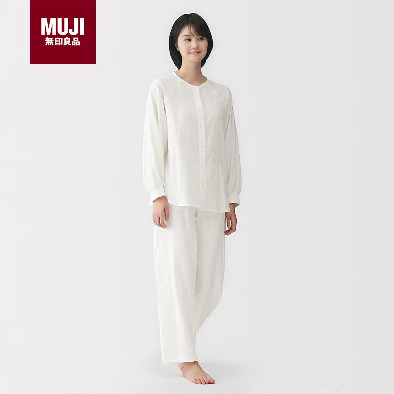MUJI女式 双层纱织点状提花长袖睡衣女士家居服套装纯棉女款 米白色 S