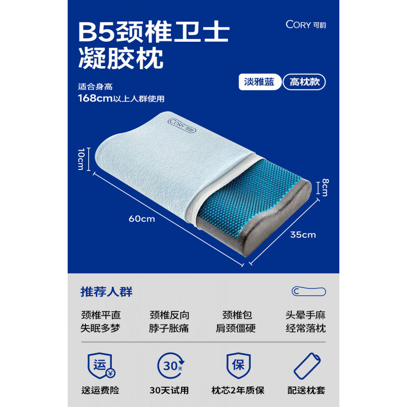 可韻（CORY）凝膠枕頭頸椎枕涼感睡眠枕夏季夏天涼枕成人單人家用記憶棉枕芯 B5凝膠枕（高枕10cm）淡雅藍