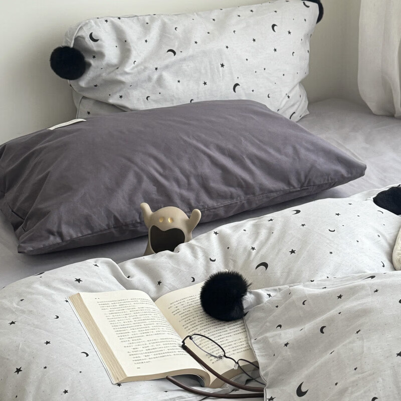 水星家纺四件套纯棉全棉亲肤棉裸睡撞色床单被套床笠款床上用品 星月银灰-混搭款 床笠款 1.8m被套加大四件套