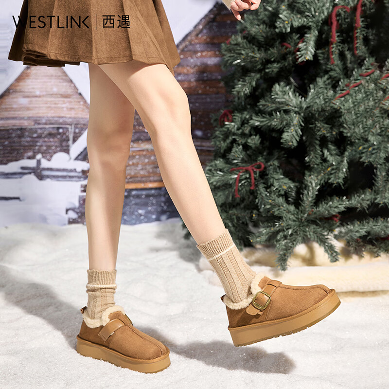 西遇（Westlink）厚底增高加绒勃肯鞋女冬季一脚蹬全包毛毛棉鞋加厚雪地靴 栗色 37 (235)