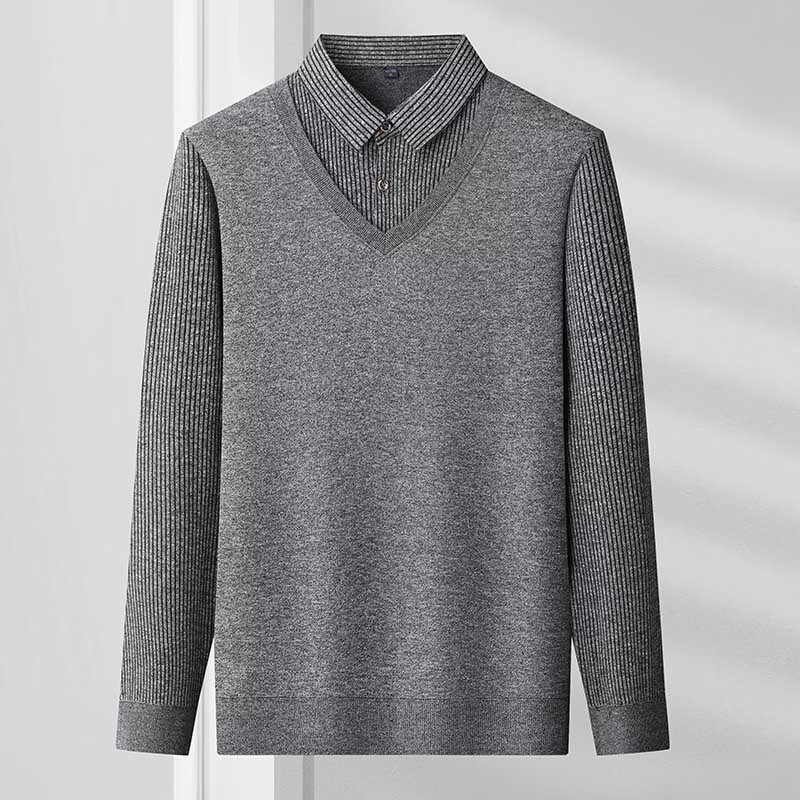 WAMLBN男士毛衣假两件秋冬新款韩版带领针织衫加绒衬衫领秋冬季加绒加厚 驼色 5XL 【200-220斤】