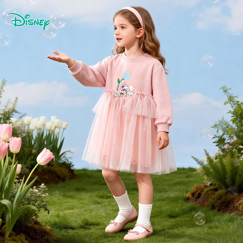 迪士尼（Disney）女童长袖连衣裙甜美休闲外穿拼接卫衣网纱连衣裙2026春季新款裙装 浅粉色 110 （建议3-4岁身高100-110cm)