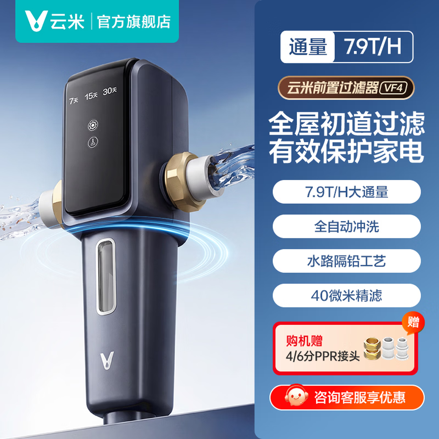 云米(VIOMI)前置过滤器全自动排污电机双驱清洁 高效排污 智能家用管道过滤器 7.9T/H顶配大通量 Super前置过滤器