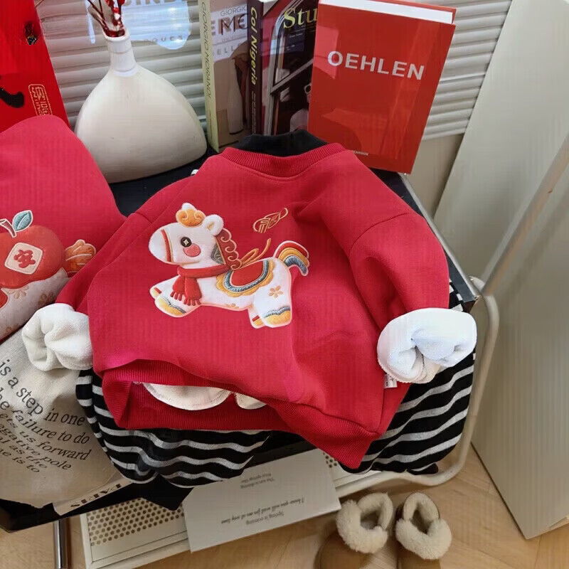 小猪班纳（PEPCO）冬季女童裤子新款洋气休闲刺绣加绒加厚宝宝阔腿保暖长裤儿童卫裤 马年卫衣-马上平安 【加绒】 110 【建议身高95-105】