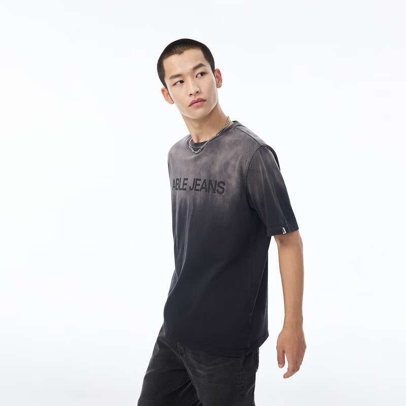 ABLE JEANS 26春新款T恤男士潮流简约上衣水洗高级质感全棉百搭短袖 水洗黑 /372881257 XS