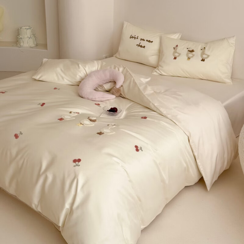 ROLAND LIVE简约风春季新款长绒棉四件套全棉透气裸睡被套床单床上用品三件套 LB 长绒棉套件-野游去鸭奶白 1.2米床 床单款 【被套150*200cm】