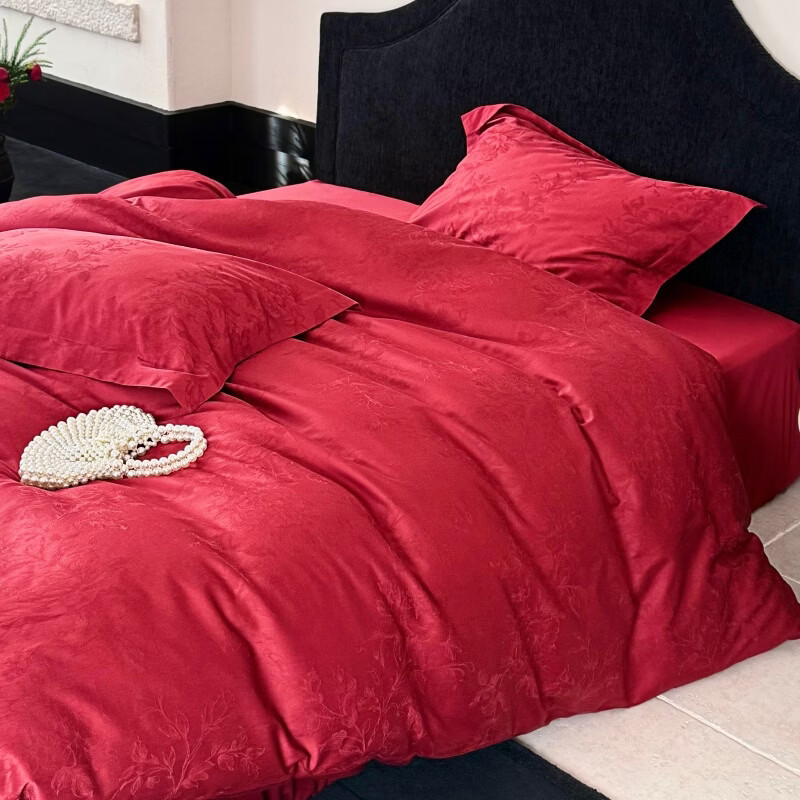 ROLAND LIVE红色纯棉四件套长绒棉提花婚庆套件新年喜庆被套床单全棉床上用品 LB 长绒棉提花套件-禧遇四季 1.2米床 床单款 |【被套150*200cm】