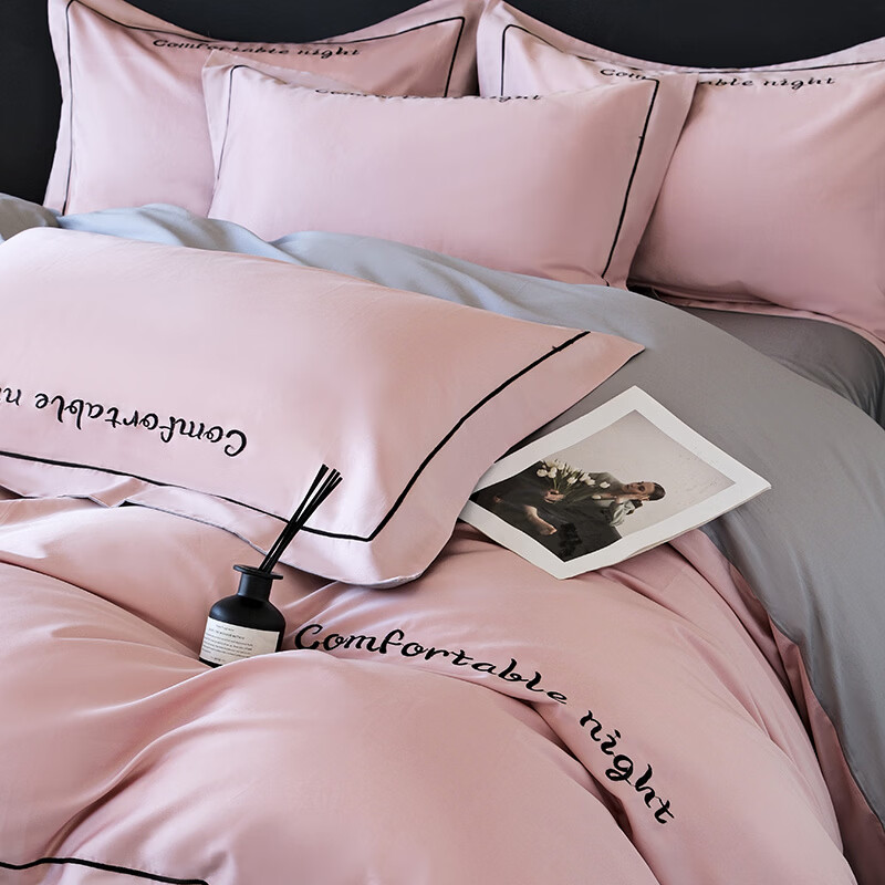 水星家纺床上四件套纯棉高端轻奢A类被套罩长绒棉贡缎床单床笠款床品 奶茶+浅灰 1.8m 床笠款 被套加大四件套 【被套220x240cm】