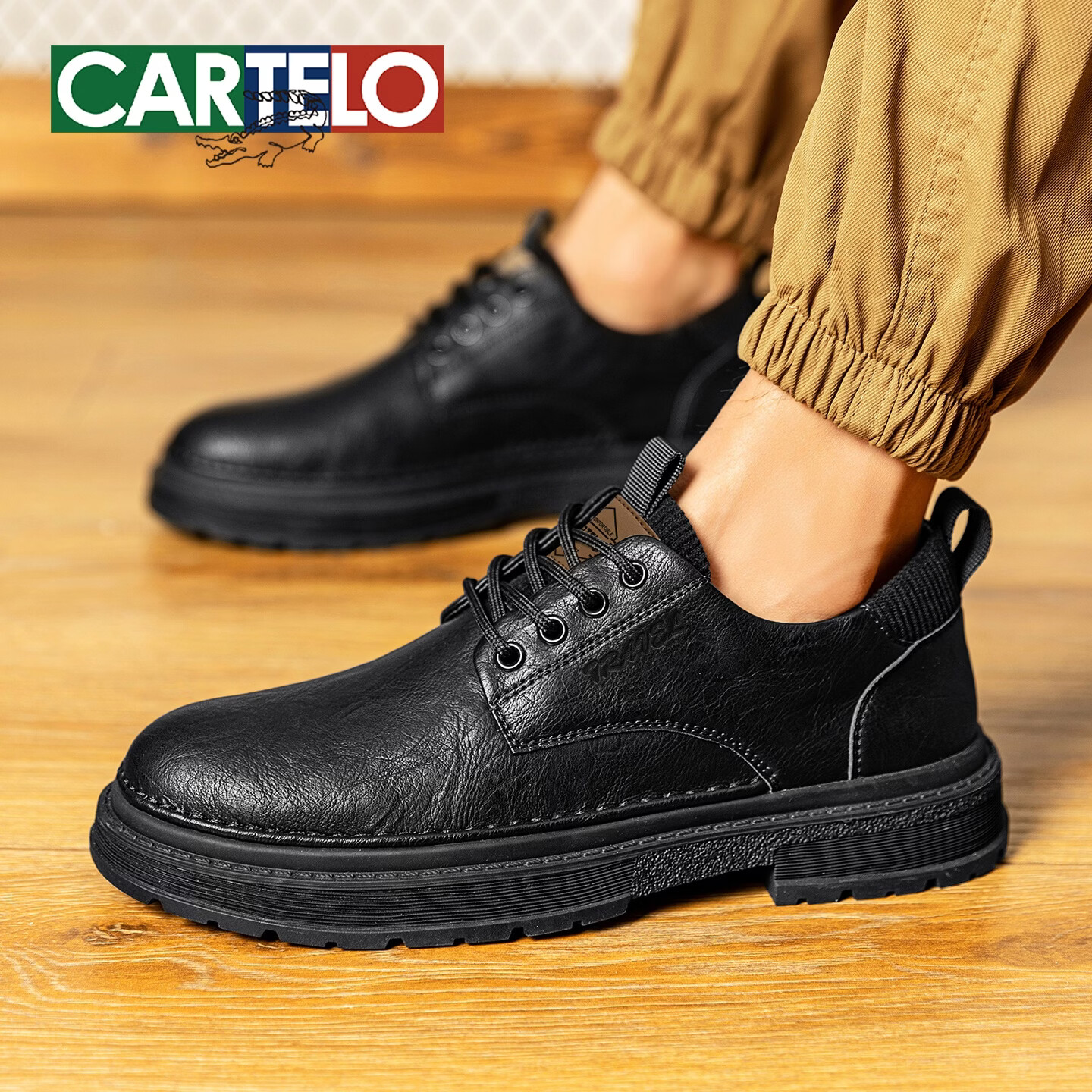 卡帝乐鳄鱼(CARTELO)新款皮鞋男休闲英伦风马丁靴正装商务鞋子男黑色复古软底工装鞋男 黑色 44 (270mm) 标准皮鞋尺码