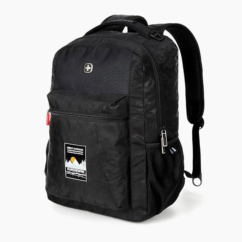 SUISSEWIN祥兴箱包SUISSEWIN商务背包男大容量双肩包女高中学生书包电脑包 迷彩黑-轻便大容量款