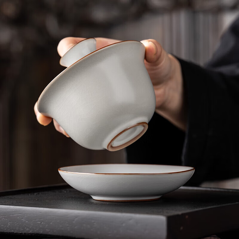 韵化【精选直发】汝窑三才盖碗开片铁线单个高档可养家用泡茶茶碗礼盒 密釉绿三才盖碗