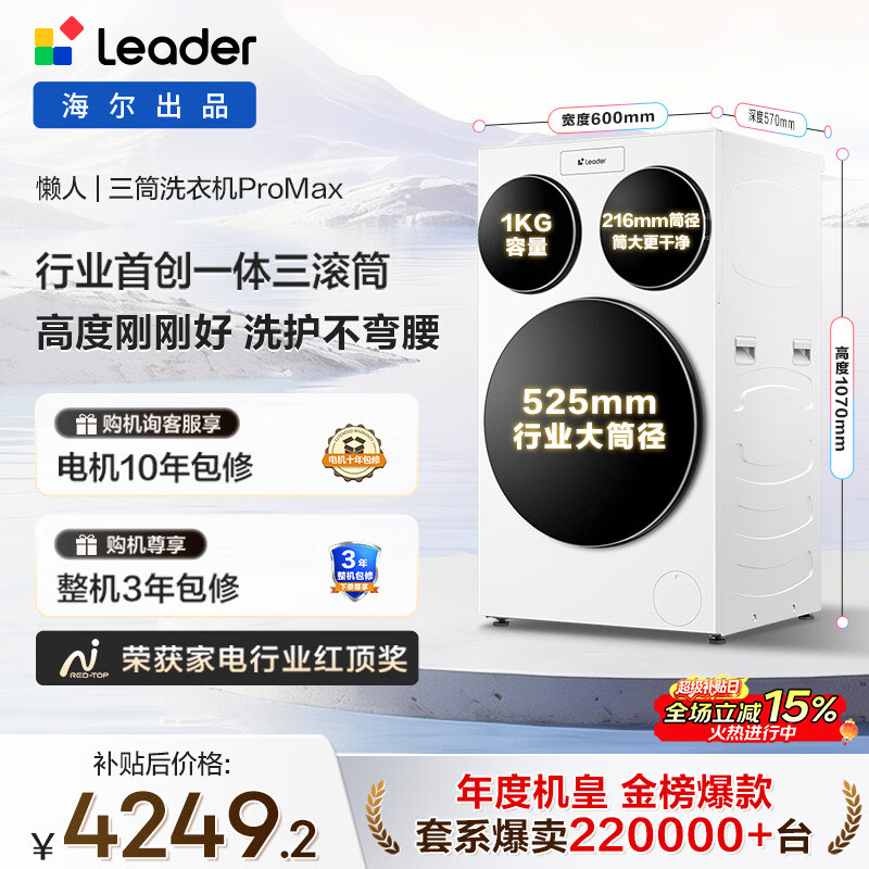 统帅（Leader）海尔智家懒人三筒洗衣机ProMax 内衣洗分区全自动 12.5公斤 XQGL125-MBLDE697WU1三桶 国家补贴