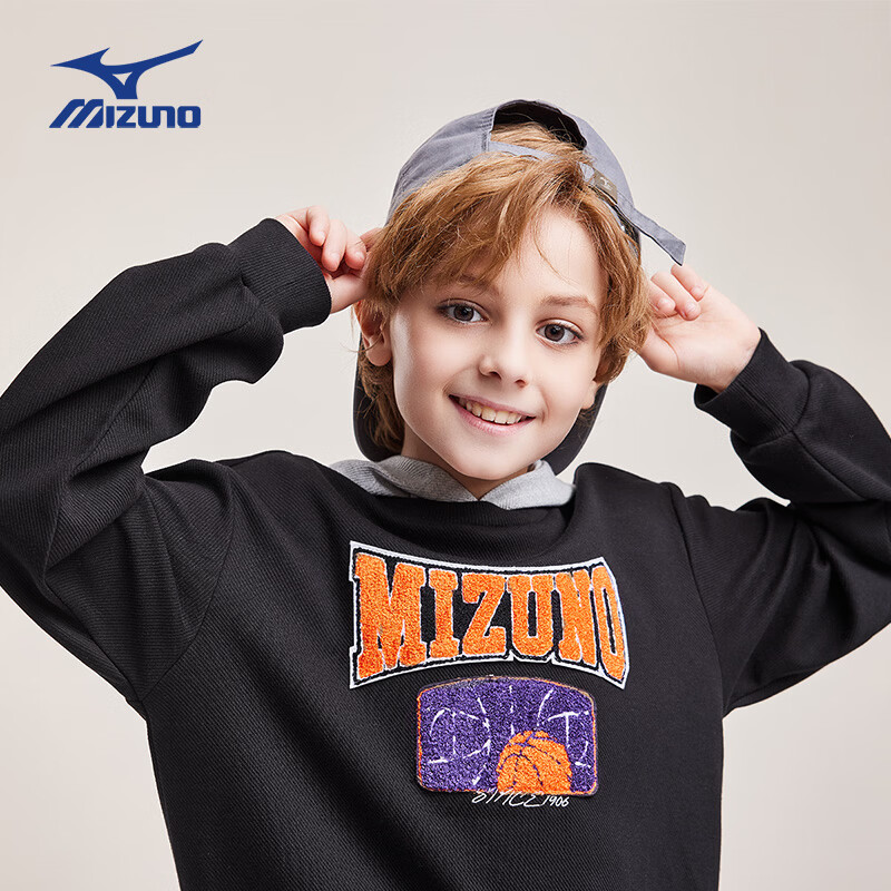 美津浓(MIZUNO)儿童卫衣连帽套头假两件时尚春秋百搭简约男女中大童 黑色 140 cm (建议身高135-145cm)
