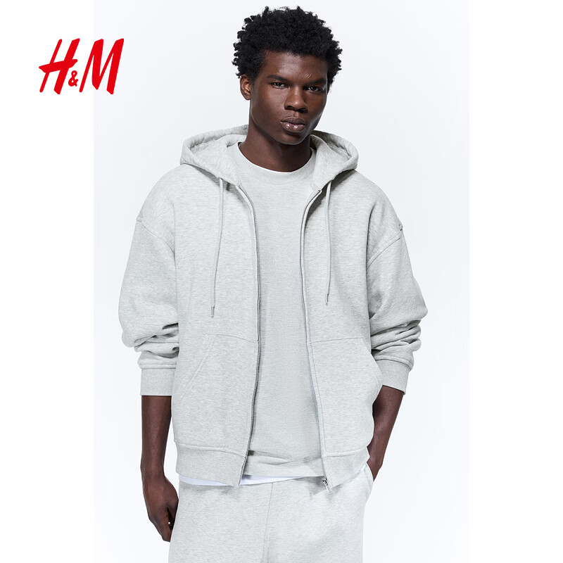 H&amp;M男装卫衣春季落肩宽松版型拉链连帽衫潮流舒适外套1308010 混灰色 S 170/92
