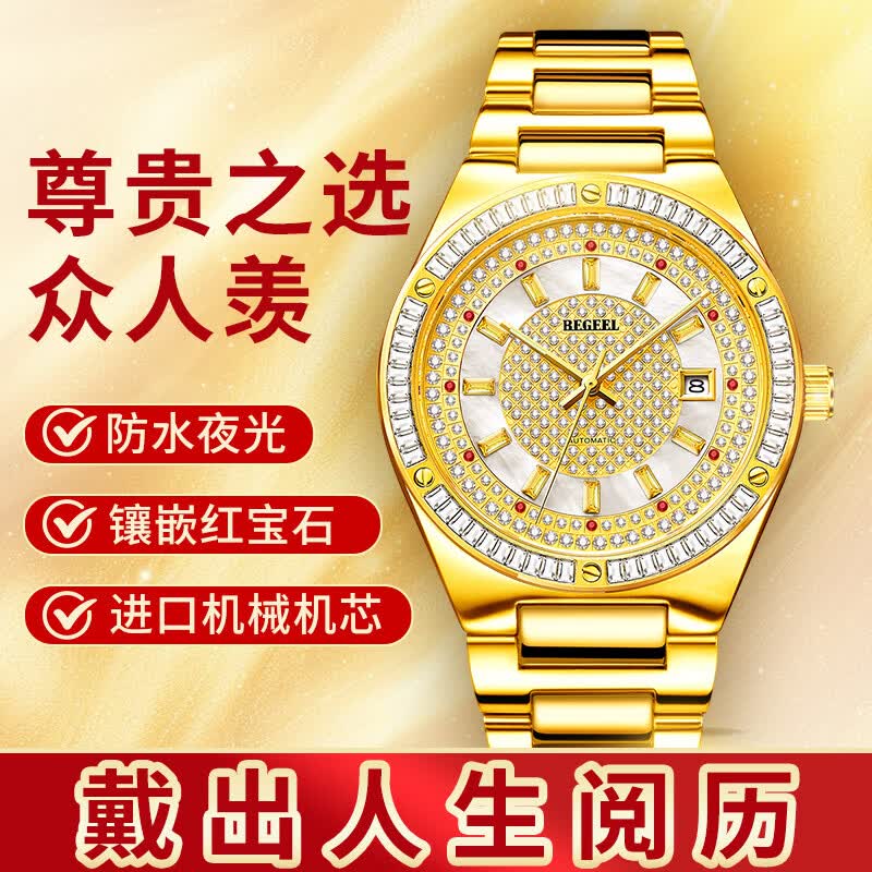 宾爵金财源红宝石镶钻男士手表奢华百搭金表进口机芯夜光防水机械腕表 钻圈商务男表