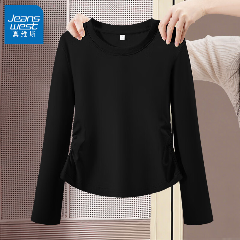 真维斯（Jeanswest）正肩长袖t恤女收腰设计感女装2026新款春秋季内搭打底衫修身上衣 黑色 纯色 L