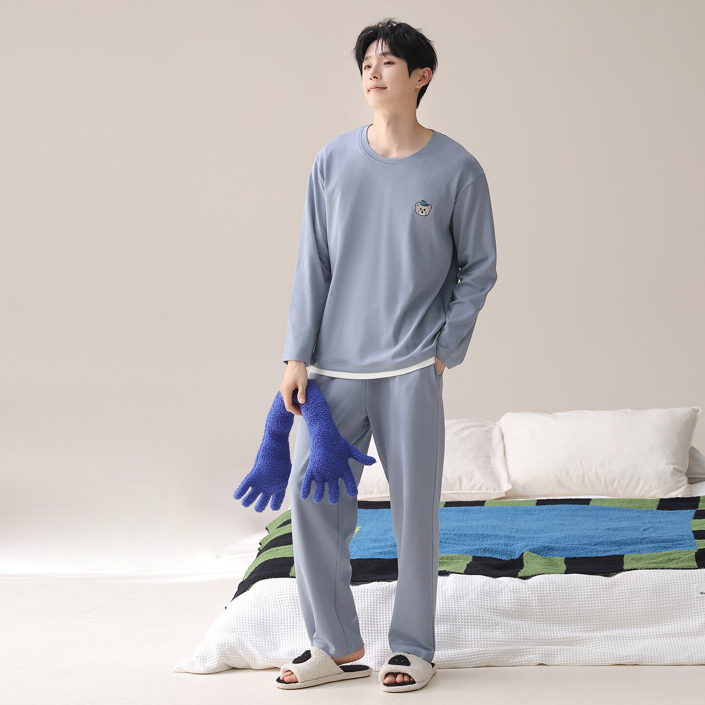 芬腾可安(FENTENGCARE)睡衣男士纯棉2026年春款休闲运动可外穿家居服套装 灰蓝 L
