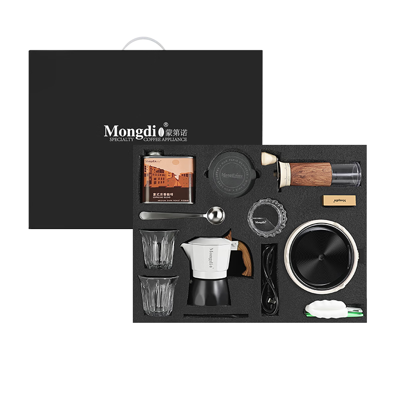 Mongdio摩卡壺禮盒手沖咖啡壺套裝便攜意式煮咖啡機(jī)生日禮物新年禮物 摩卡壺大禮盒紅色12件套-精選意式咖啡豆