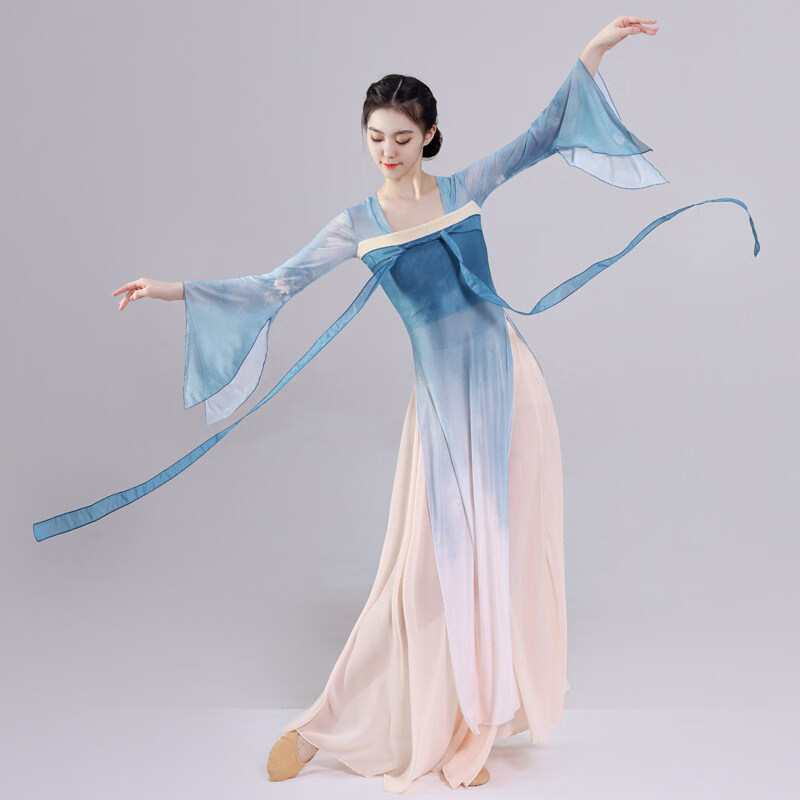 汉服古典舞舞蹈服女身韵纱衣汉唐齐胸飘带古风飘逸 山海蓝单纱衣 S